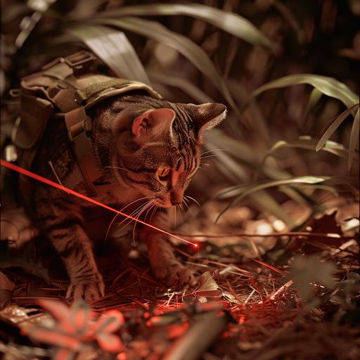 a cat in military gear in a vietnam war jungle scene trying to catch the moving point of light on the ground from a red laser pointer