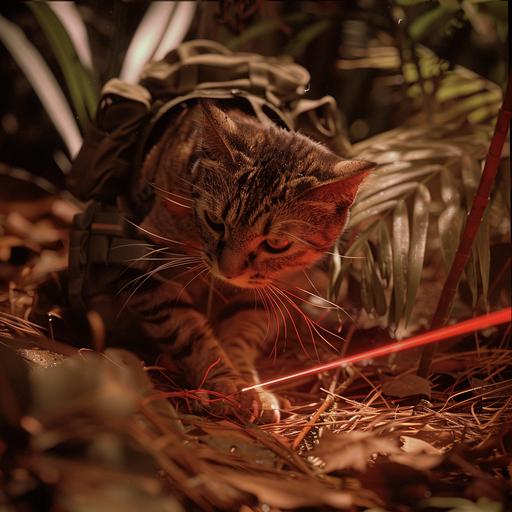 a cat in military gear in a vietnam war jungle scene trying to catch the moving point of light on the ground from a red laser pointer --v 6.0