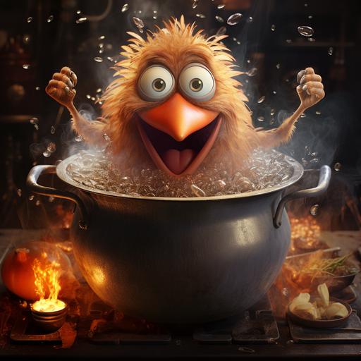a chicken monster, sitting on a large glass cauldron of boiling water, laying hardboiled eggs into the cauldron, pixar style