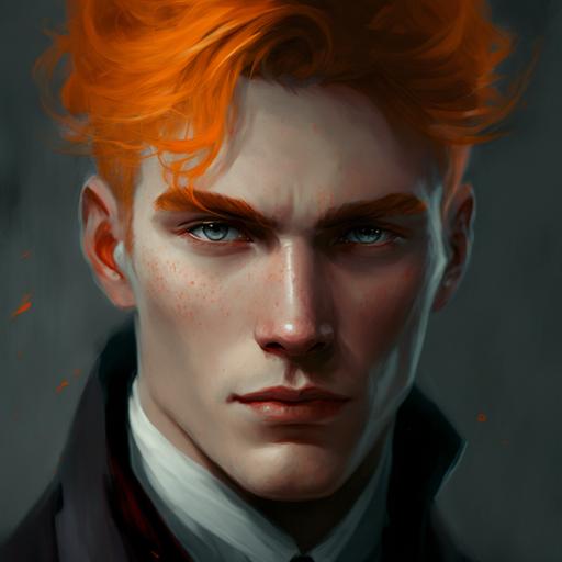 a close up of a person with orange hair, a character portrait, inspired by Aleksander Gine, digital art, beautiful male vampire, alice ucllen, wlop loish and clamp style, grey eyes
