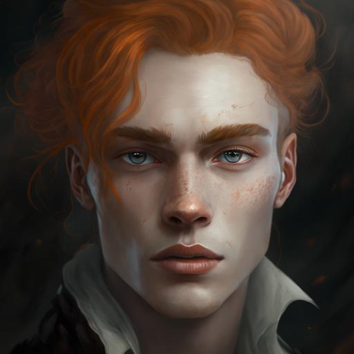 a close up of a person with orange hair, a character portrait, inspired by Aleksander Gine, digital art, beautiful male vampire, alice ucllen, wlop loish and clamp style, grey eyes