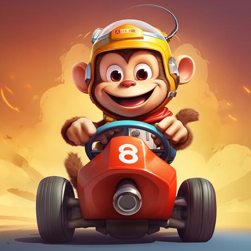 a cute lovely ,funny monkey carton character ilistration standing in the front of a racing car, make hand perfect