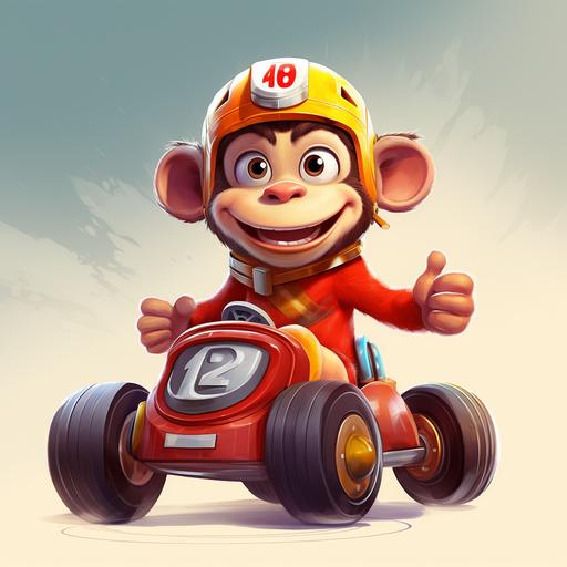 a cute lovely ,funny monkey carton character ilistration standing in the front of a racing car