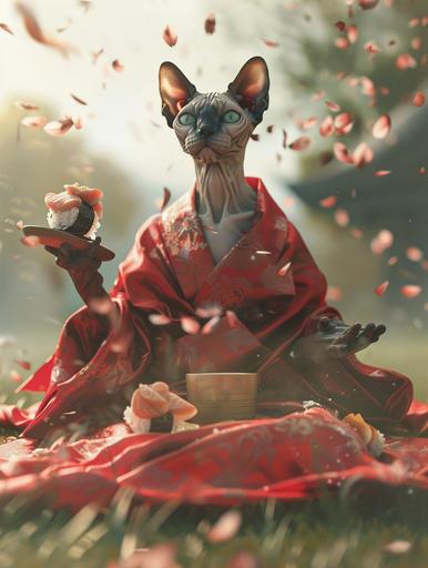 a cute sphynx cat in red silk regal Kimono is eating a kelimutu sushi roll in an serene japanese garden filled with sakura trees and cherry blossoms blowing gently in the wind .vivid color surreal photography, salmon nigiri, sake cup, --style raw --ar 3:4 --w 2 --v 6.0