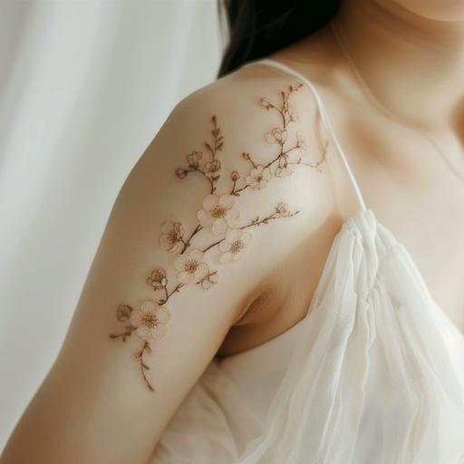 a delicate cherry blossom branch tattoo design for upper arm