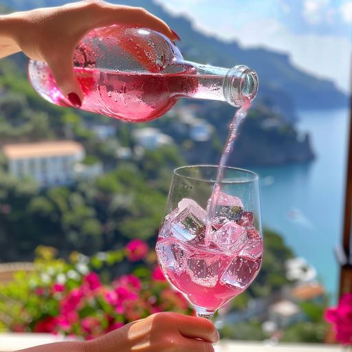 a female bartender pouring a pink spritzer in a wineglass with ice cubes, in the background you see the sunny amalfi coast, only showing the hands of the female pouring the drink, photographic, portrait