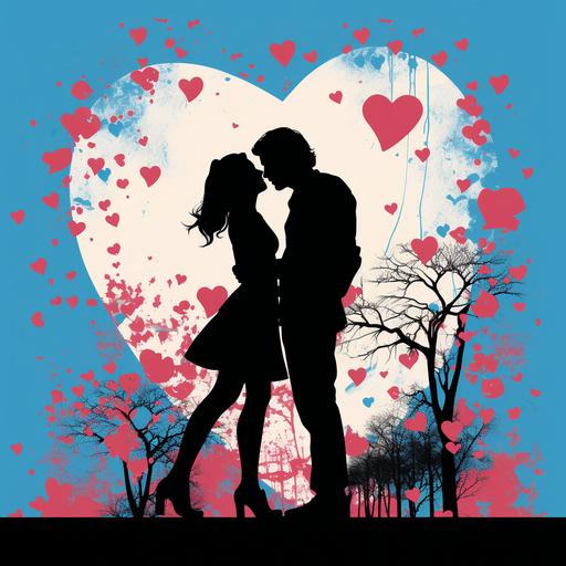 a graphic design of the silhouette of valentines lovers, repeat the silhouette in the background of the main silhouette with a bunch of mini silhouettes. the art style is pop art and the main silhouette is black with all the smaller silhoueetes being light blue, red, and pink