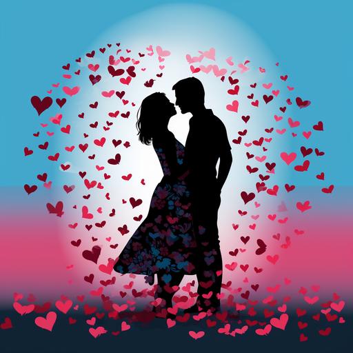a graphic design of the silhouette of valentines lovers, repeat the silhouette in the background of the main silhouette with a bunch of mini silhouettes. the art style is pop art and the main silhouette is black with all the smaller silhoueetes being light blue, red, and pink