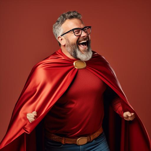 : a happy middle aged person with a hero cape in red, pixar style