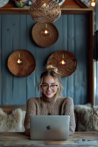 a happy young woman work on laptop, sitting at a table, intently looking at a laptop screen with an open smile showing teeth, wearing glasses, styled as a teacher, dressed in light gray and burgundy, simple blue background, lifestyle, hyperdetailed, --style raw --v 6.0 --sref    --s 750 --ar 2:3