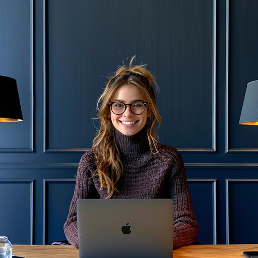 a happy young woman work on laptop, sitting at a table, intently looking at a laptop screen with an open smile showing teeth, wearing glasses, styled as a teacher, dressed in light gray and burgundy, simple blue background, lifestyle, hyperdetailed, --style raw --v 6.0 --sref  --s 750