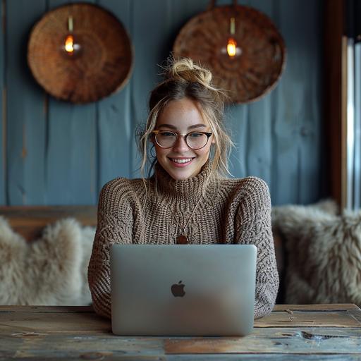 a happy young woman work on laptop, sitting at a table, intently looking at a laptop screen with an open smile showing teeth, wearing glasses, styled as a teacher, dressed in light gray and burgundy, simple blue background, lifestyle, hyperdetailed, --style raw --v 6.0 --sref    --s 750