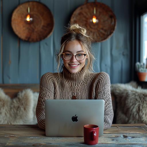 a happy young woman work on laptop, sitting at a table, intently looking at a laptop screen with an open smile showing teeth, wearing glasses, styled as a teacher, dressed in light gray and burgundy, simple blue background, lifestyle, hyperdetailed, --style raw --v 6.0 --sref    --s 750