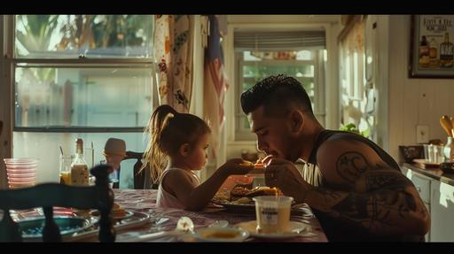 , a hispanic male that is eating breakfast with his 4 year old girl, the lighting is cinematic, the photography is in the style of 16mm, --ar 16:9