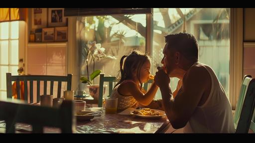 , a hispanic male that is eating breakfast with his 4 year old girl, the lighting is cinematic, the photography is in the style of 16mm, --ar 16:9