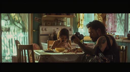 , a hispanic man who is a bit heavy with messy black hair and a beard is backing his camera bag while his 4 year old daughter is eating eggs at breakfast, the photography is in the style of Roger Deakins, the lighting is dramatic, the color tones are teal, amber, brown, red, cream, and pink --ar 16:9