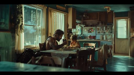 , a hispanic man who is a bit heavy with messy black hair and a beard is backing his camera bag while his 4 year old daughter is eating eggs at breakfast, the photography is in the style of Roger Deakins, the lighting is dramatic, the color tones are teal, amber, brown, red, cream, and pink --ar 16:9