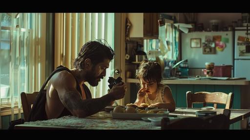 , a hispanic man who is a bit heavy with messy black hair and a beard is backing his camera bag while his 4 year old daughter is eating eggs at breakfast, the photography is in the style of Roger Deakins, the lighting is dramatic, the color tones are teal, amber, brown, red, cream, and pink --ar 16:9