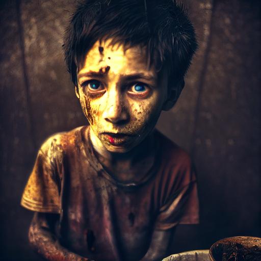 a hungry a poor kid,dirty, photorealist, colored horror atmosphere, insane detail, cinematic lighting, hyper realism, extremely detailed, sharp focus, Photography, Cinematic Lighting, Volumetric Lighting, etheral light, intricate details, extremely detailed --upbeta --testp