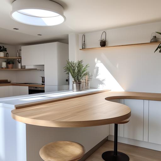 a japandi white kitchen in 24mm, 2 point perspective, oak wood countertop, plastre walls, white spot rails on the ceiling, round whit table marble top with two seats
