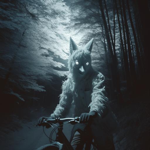 a landscape infrared trap-cam frame of a mountain forest at night with a gravel biker wearing a slavic wolf folk mask passing in the background, long shot, far, dynamic, landscape, gorpcore, gucci, harmomy corine