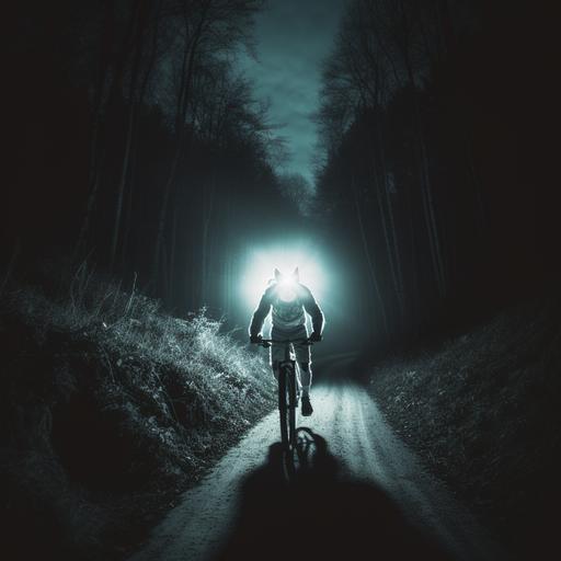 a landscape infrared trap-cam frame of a mountain forest at night with a gravel biker wearing a slavic wolf folk mask passing in the background, long shot, far, dynamic, landscape, gorpcore, gucci, harmomy corine