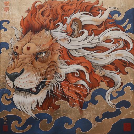 a lion painted in neo traditional japanesse style
