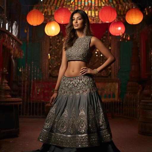 / a mannequin with charcoal grey lehenga skirt and fully embroidered choli and dupatta, puffy flared skirt with charcoal and gunmetal embroidery beadwork shot using canon RF 28mm f/3.8mm lens, global illumination, vivid image, minimalistic background, full shot --no human figure