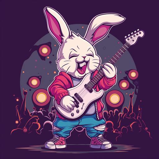 a mature bunny playing guitar with hip-hop style, happy face, cartoon style, full body, 2d design , face detailing , modern style illustration, mascot design, night club theme with audience, make hand perfect --v 6.0