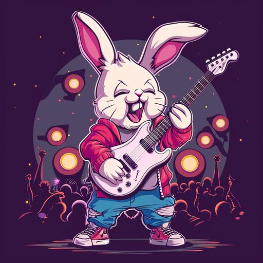 a mature bunny playing guitar with hip-hop style, happy face, cartoon style, full body, 2d design , face detailing , modern style illustration, mascot design, night club theme with audience, make hand perfect