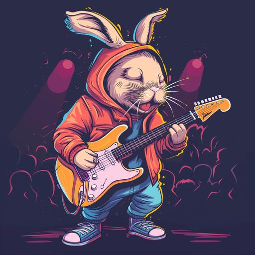 a mature bunny playing guitar with hip-hop style, happy face, cartoon style, full body, 2d design , face detailing , modern style illustration, mascot design, night club theme with audience --v 6.0