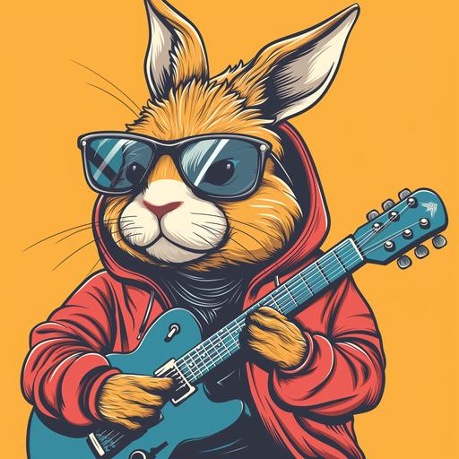 a mature bunny playing guitar with hip-hop style, happy face, cartoon style, full body, 2d design , face detailing , modern style illustration, mascot design, night club theme with audiance --v 6.0