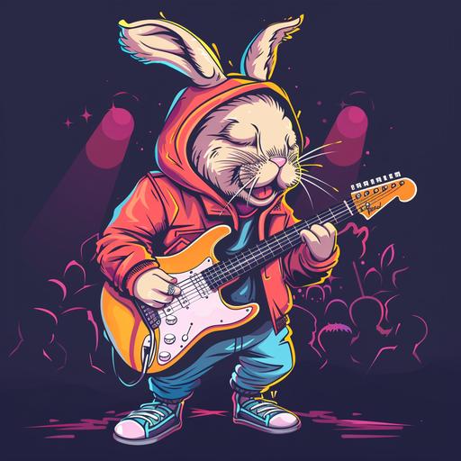 a mature bunny playing guitar with hip-hop style, happy face, cartoon style, full body, 2d design , face detailing , modern style illustration, mascot design, night club theme with audience