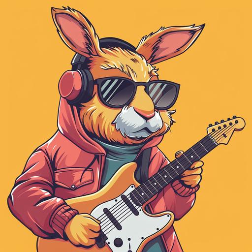 a mature bunny playing guitar with hip-hop style, happy face, cartoon style, full body, 2d design , face detailing , modern style illustration, mascot design, night club theme with audiance