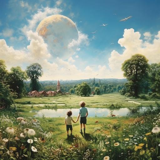 a meadow with a heavenly and two boys playing. There is a beautiful garden fenced off so they cannot go in it.
