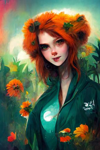> a mischievous tomgirl reddish hair in a goofy funny comedic pose, a twilight garden, cheetah print fur clothes  surrounded by lush Gerber daisies, serene overcast atmosphere, midnight-green, green-black, pale-peach, edge-to-edge print, by Tuomas Korpi, ArtGerm --test --aspect 2:3 --uplight