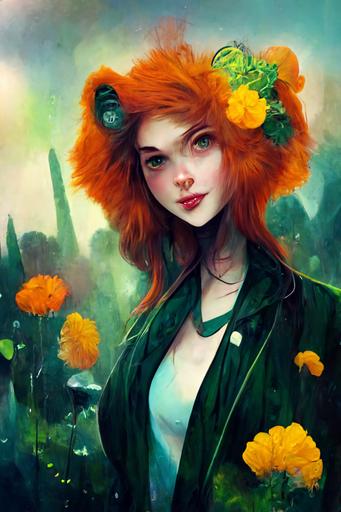 < a mischievous tomgirl reddish hair in a goofy funny comedic pose, a twilight garden, cheetah print fur clothes surrounded by lush Gerber daisies, serene overcast atmosphere, midnight-green, green-black, pale-peach, edge-to-edge print, by Tuomas Korpi, ArtGerm --test --aspect 2:3 --uplight