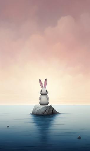 a nailed cartoon bunny at the edge of eternity, simplicity, naiv, minimalism --ar 3:5
