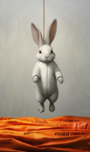 a nailed cartoon bunny at the influence of legacy, field of carrots, simplicity, naiv, minimalism --ar 3:5