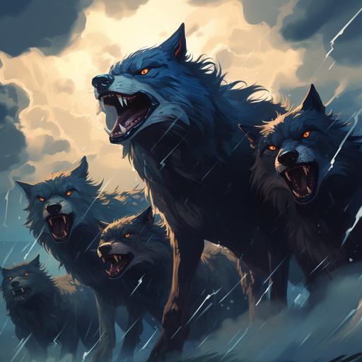 a pack of wolves trying to survive bad weather with thunderstorms drawing art style