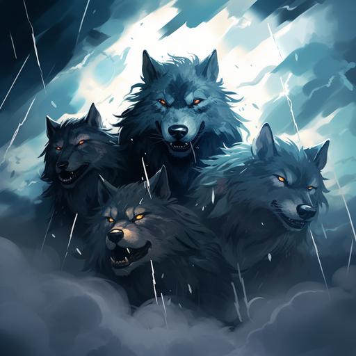 a pack of wolves trying to survive bad weather with thunderstorms drawing art style