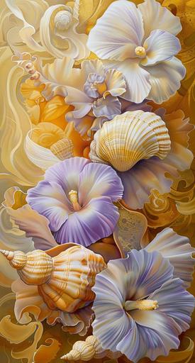 a painting of seashells and flowers, in the style of light yellow and light gold, biomorphic abstraction, realistic renderings of the human form, asymmetric balance, light yellow and light violet, microscopic views, single object --ar 15:28