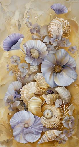 a painting of seashells and flowers, in the style of light yellow and light gold, biomorphic abstraction, realistic renderings of the human form, asymmetric balance, light yellow and light violet, microscopic views, single object --ar 15:28 --v 6.0