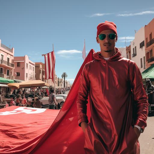 a photo of moroccan goalkeeper Bono draped in the moroccan flag standing on djamaa el fnaa in Marrakech