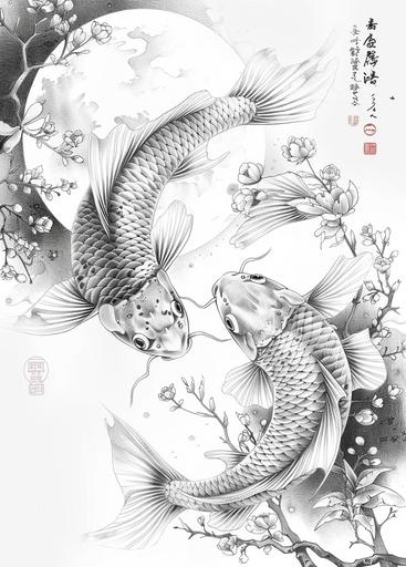 a picture of fish and a moon tattoo, in the style of yuumei, line drawing style, realistic depiction of light, hiroshi nagai, graceful poses, furaffinity, hiroyuki-mitsume takahashi --ar 13:18