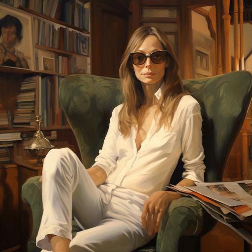 a portrait of a very thin Joan Didion in the style of Gaugin. she is in a shabby-chic apartment all in shades of green and ebony wearing a skinny white pant-suit with large graduated sun-glasses surrounded by books