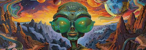 a poster for a group consisting of a alien with green sunglasses in an ancient planet, in the style of psychedelic dreamscape, digital collage textures, mechanical realism, spirals, album covers, todd schorr, trompe-l'œil graffiti --ar 32:11