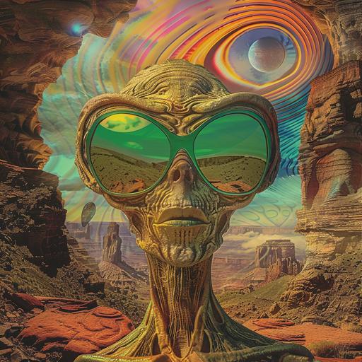 a poster for a group consisting of a alien with green sunglasses in an ancient planet, in the style of psychedelic dreamscape, digital collage textures, mechanical realism, spirals, album covers, todd schorr, trompe-l'œil graffiti