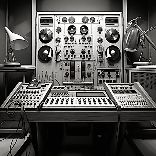 a retro futuristic 1950’s recording gear era studio console, with old amptek gear black and white drawing tape machine and microphones