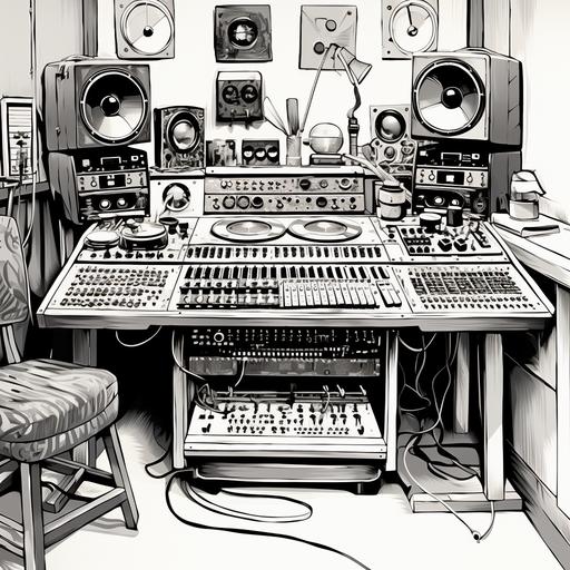 a retro futuristic 1950’s recording gear era studio console, with old amptek gear black and white drawing tape machine and microphones